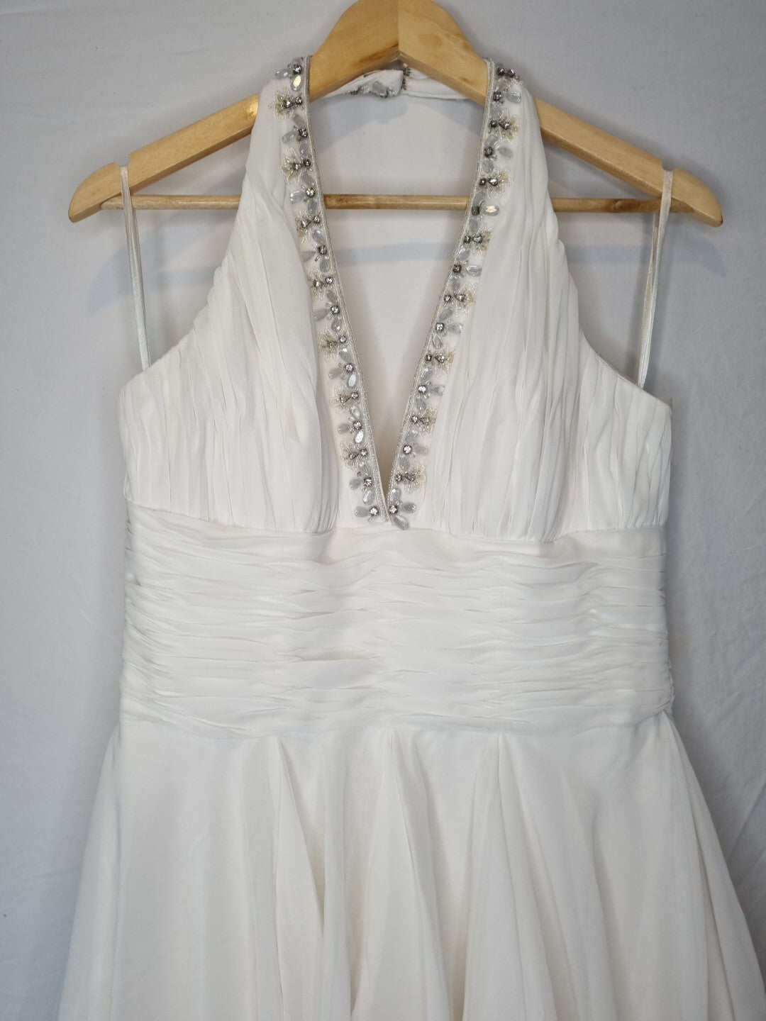 Isabella Faye Ivory Chiffon Ruched Beaded Halter Neck Train Wedding Dress Sz 124