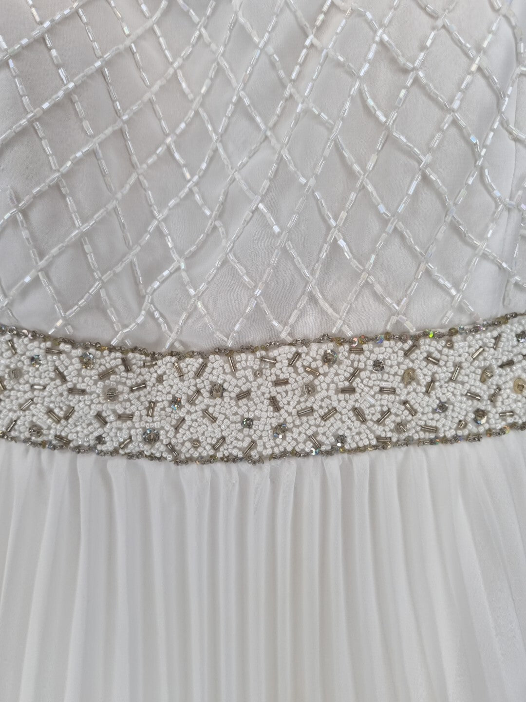 Imoda White Chiffon Pleated Beaded Tiered Strapped Wedding Dress Sz 106
