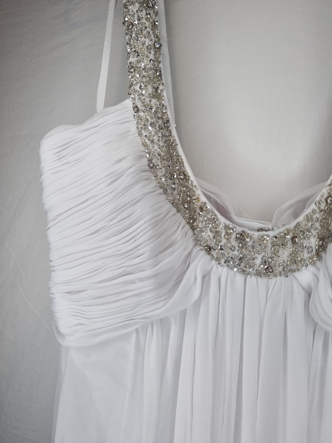 Imoda White Chiffon Ruched Beaded Scoop Neck Empire Wedding Dress Sz 105