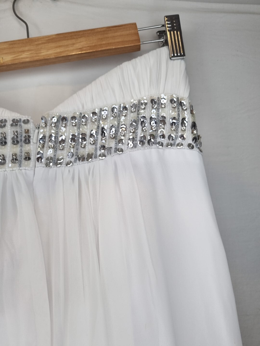Imoda White Chiffon Ruched Beaded Sweetheart Strapless Wedding Dress Sz 1210