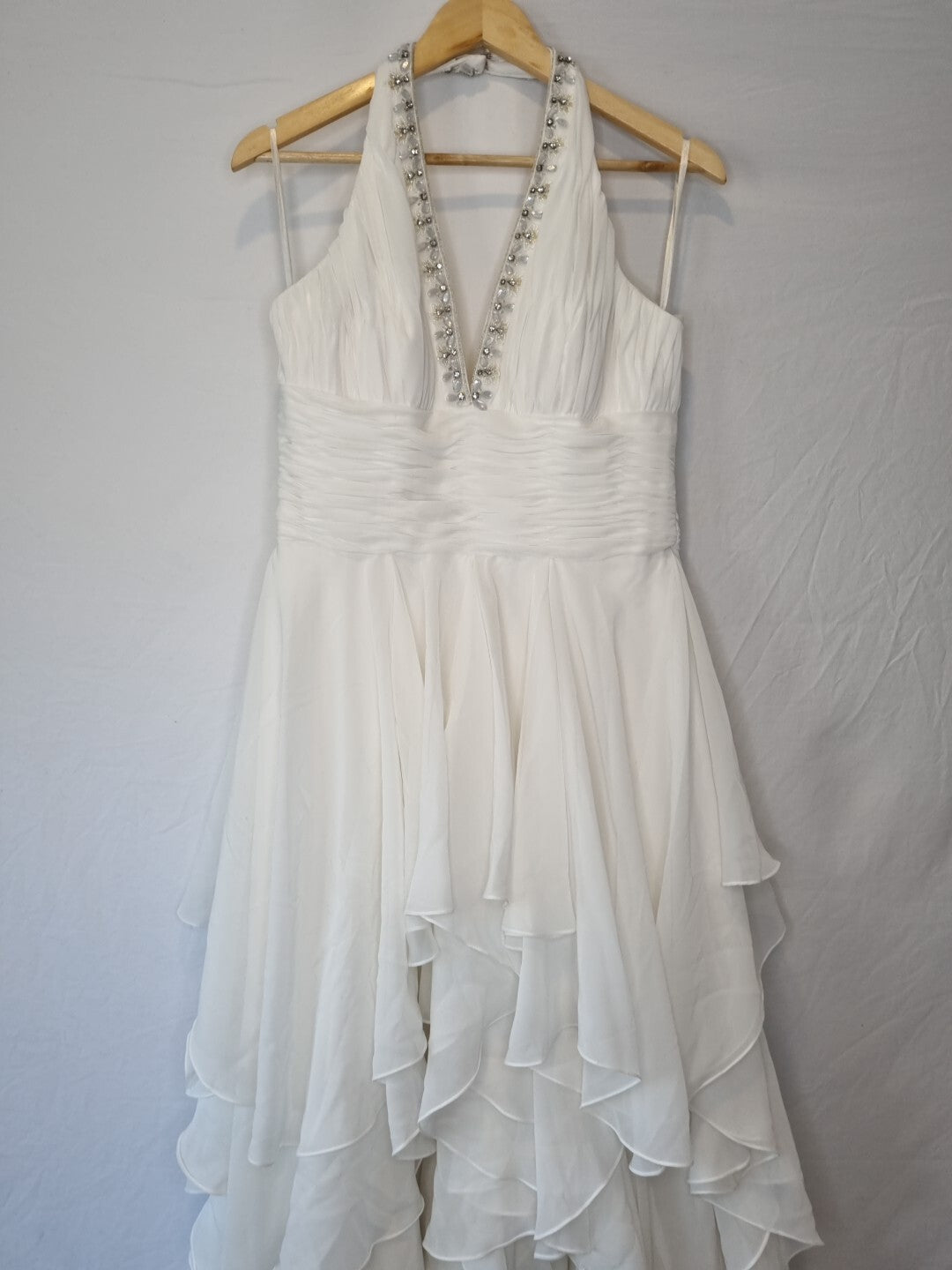 Isabella Faye Ivory Chiffon Ruched Beaded Halter Neck Train Wedding Dress Sz 122