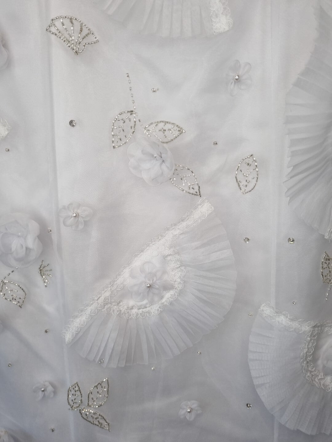 Isabella Faye White Organza Fan Embellished Beaded Train Wedding Dress Sz 127