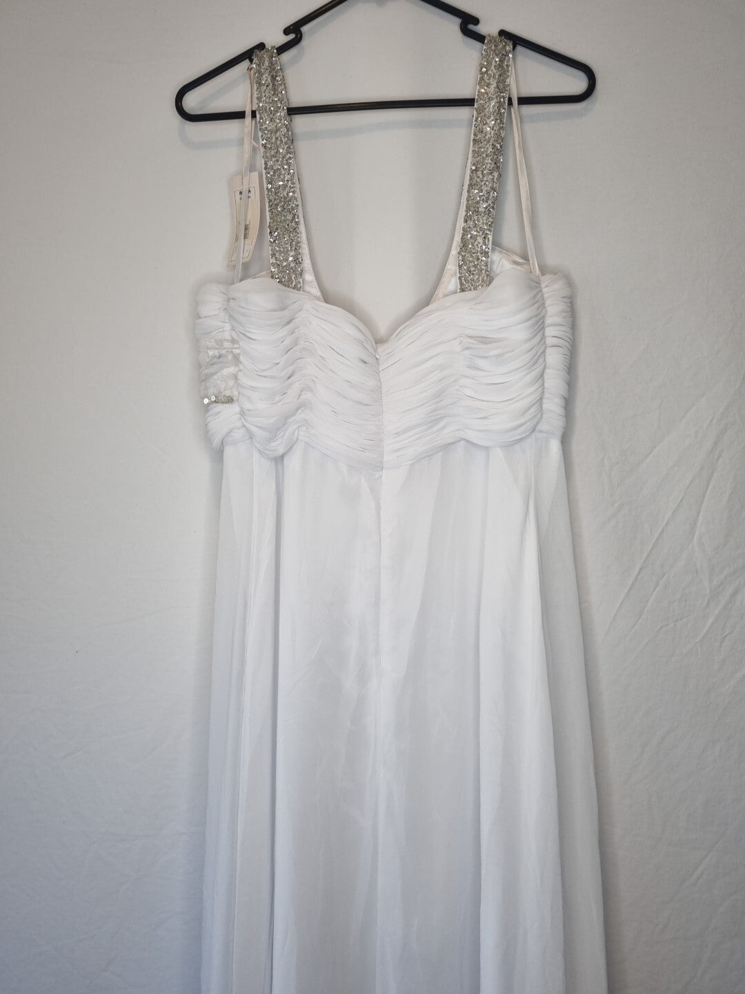 Imoda White Chiffon Ruched Beaded Scoop Neck Empire Wedding Dress Sz 129