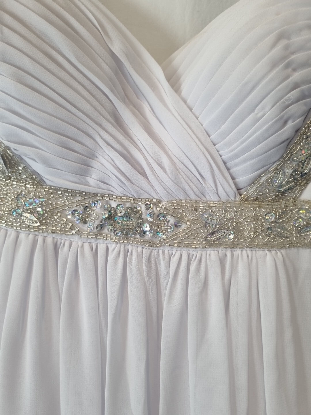Imoda White Chiffon Sweetheart Beaded Ruched Empire Wedding Dress Sz 85