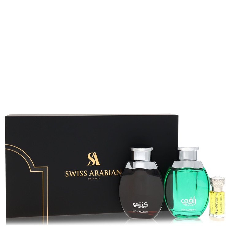 Kenzy by Swiss Arabian Gift Set -- 2 x 3.4 oz Eau De Parfum in Raaqi & Kenzy + .4 oz Concentrated Perfume Oil in Private Musk for Men