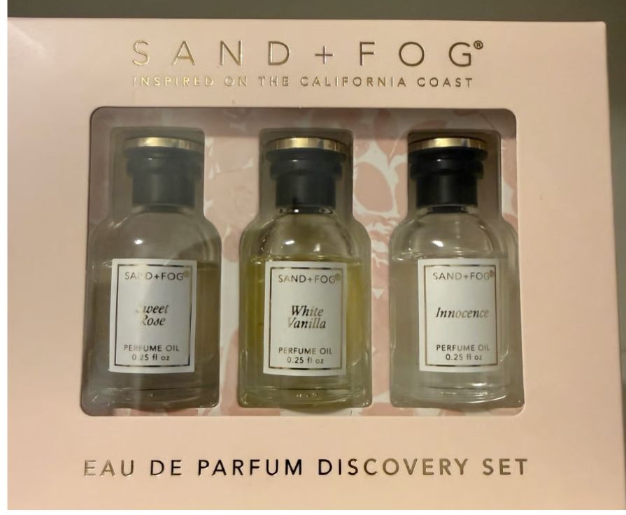 Sand + Fog Eau De Parfum Oil 3 x 7.5ml Sweet Rose, White Vanilla, Innocence