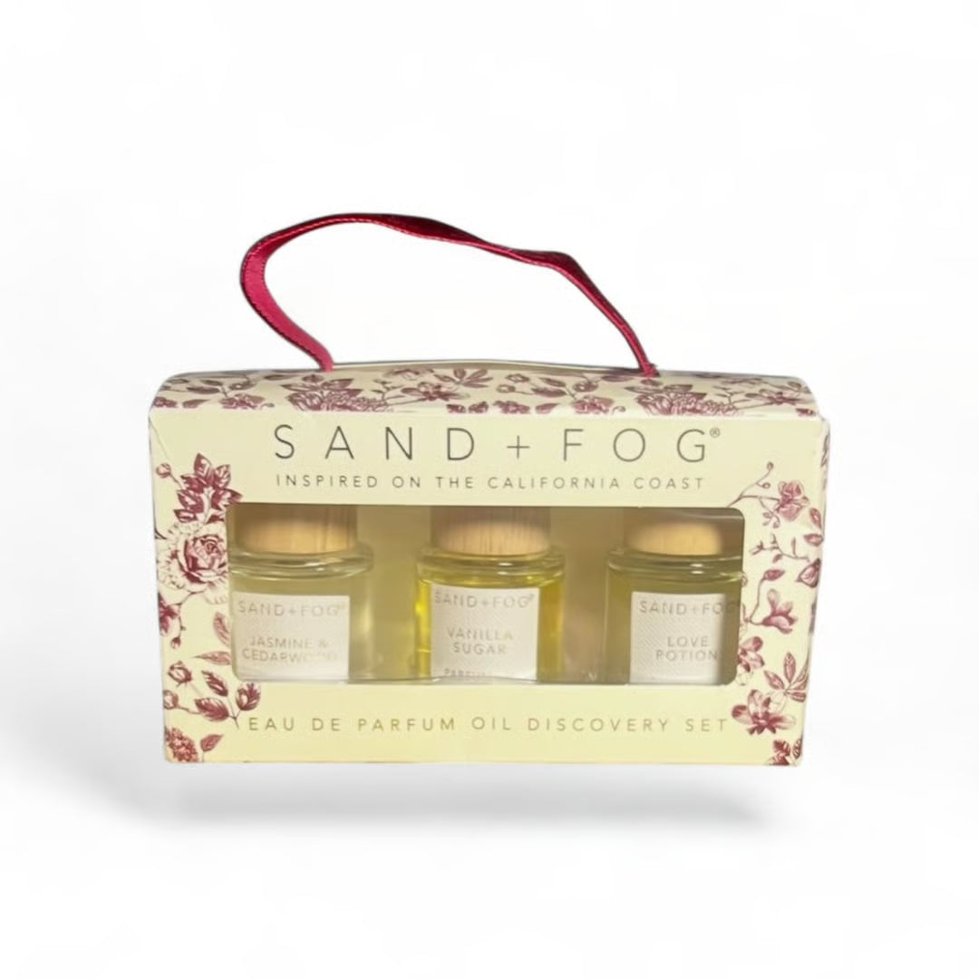 Sand + Fog Eau De Parfum Oil Discovery Set 3 x 15ml Jasmine & Cedarwood, Vanilla Sugar, Love Potion