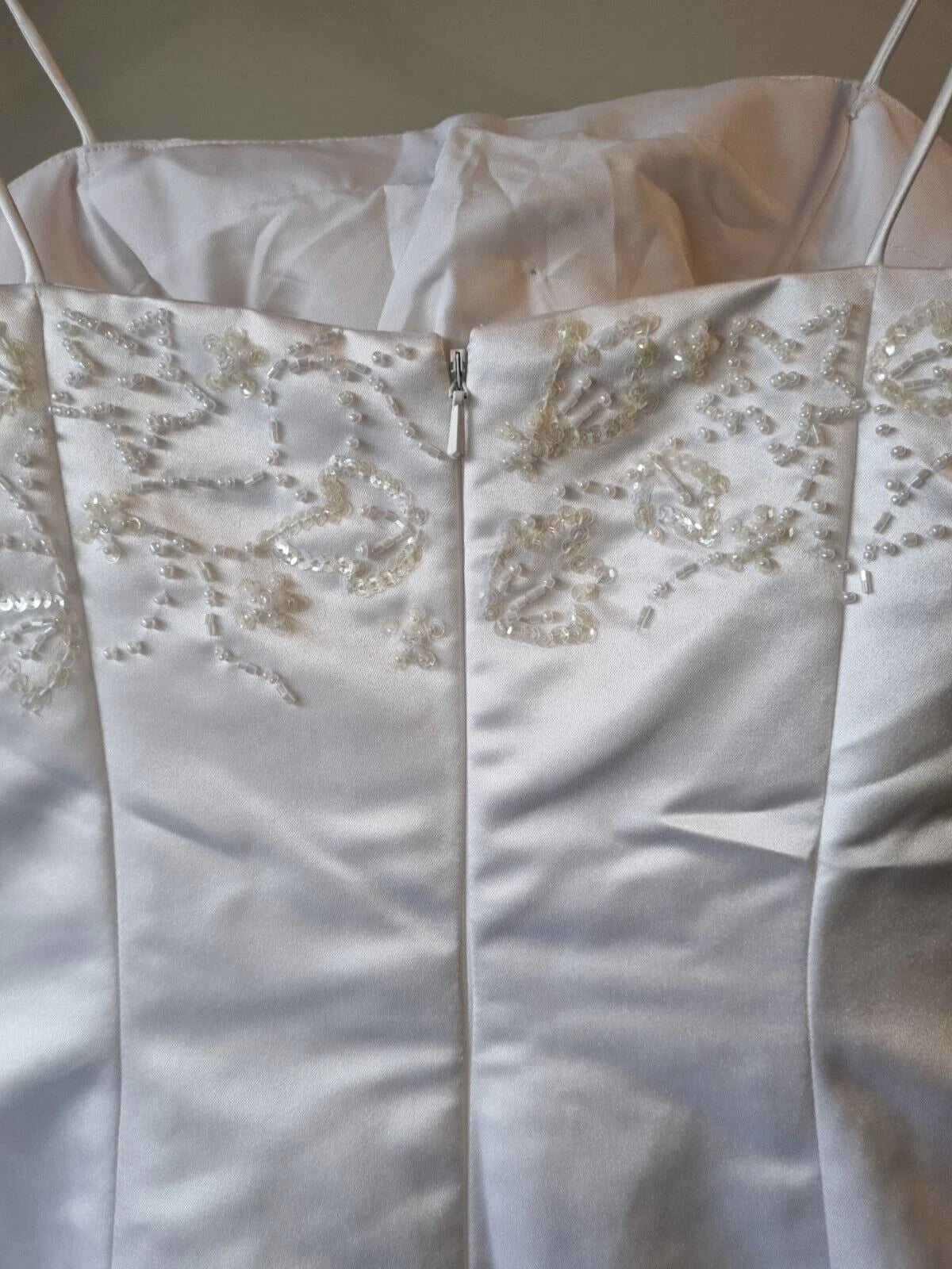 iModa White Satin Sequin Beaded Pleated Strap Wedding Deb Dress Size 14