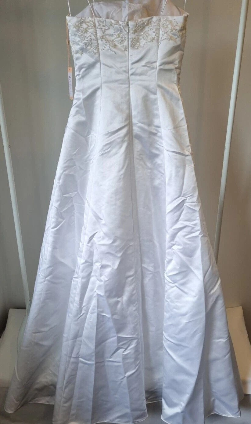 iModa White Satin Sequin Beaded Pleated Strap Wedding Deb Dress Size 14