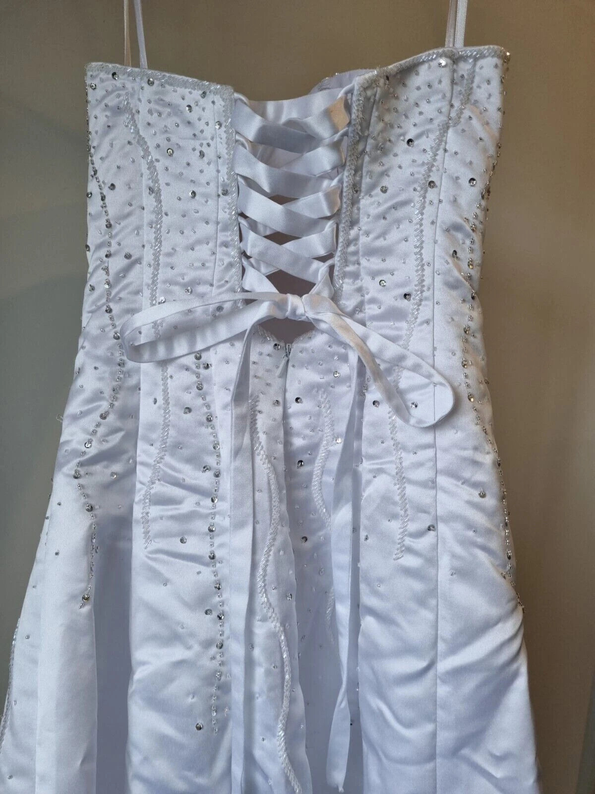 iModa White Strapless Satin Beaded Diamante A-line Deb Wedding Dress Size 6