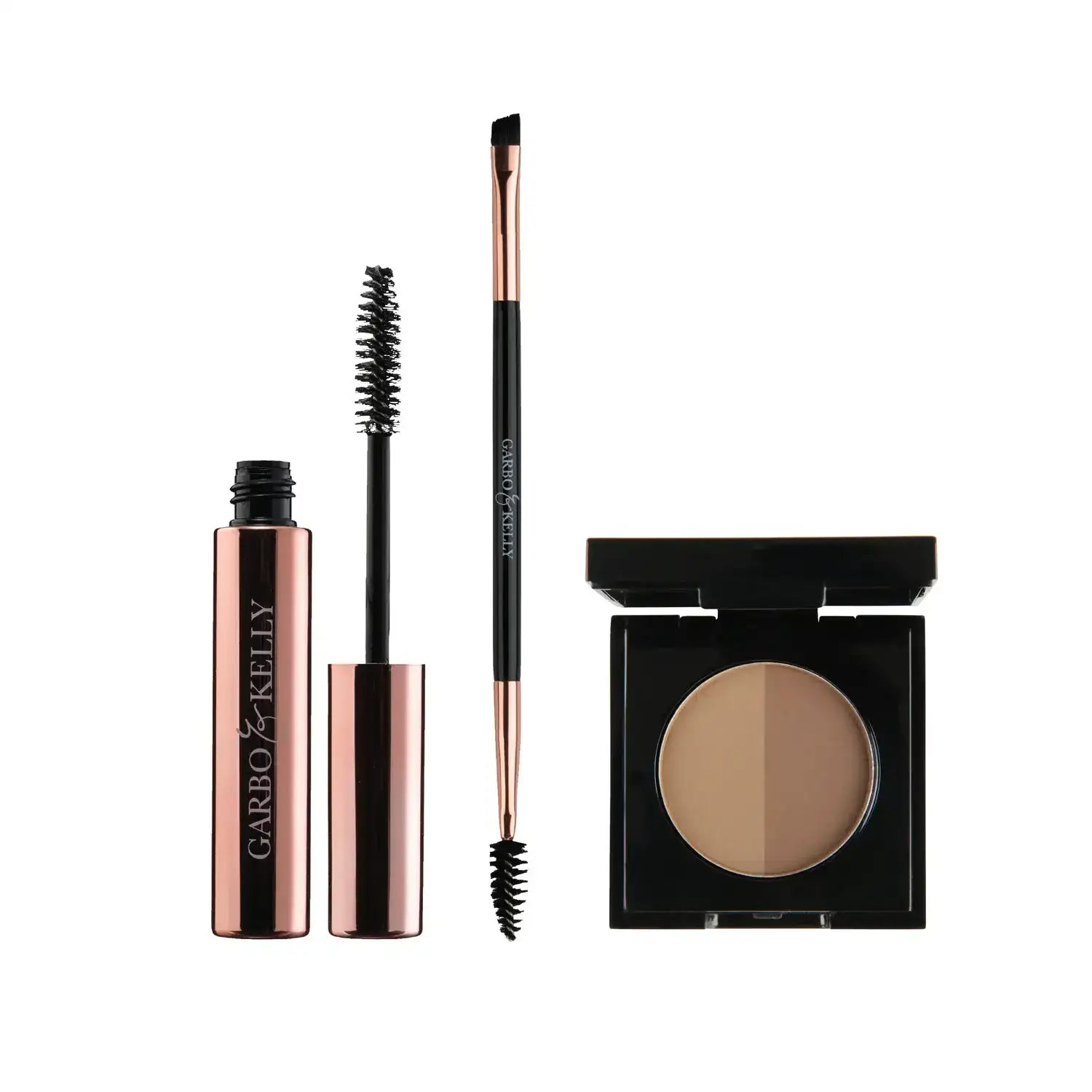 Garbo & Kelly Clear Gel + Brow Brush + Duo Brow Powder Brow Magic Set - Warm Brown