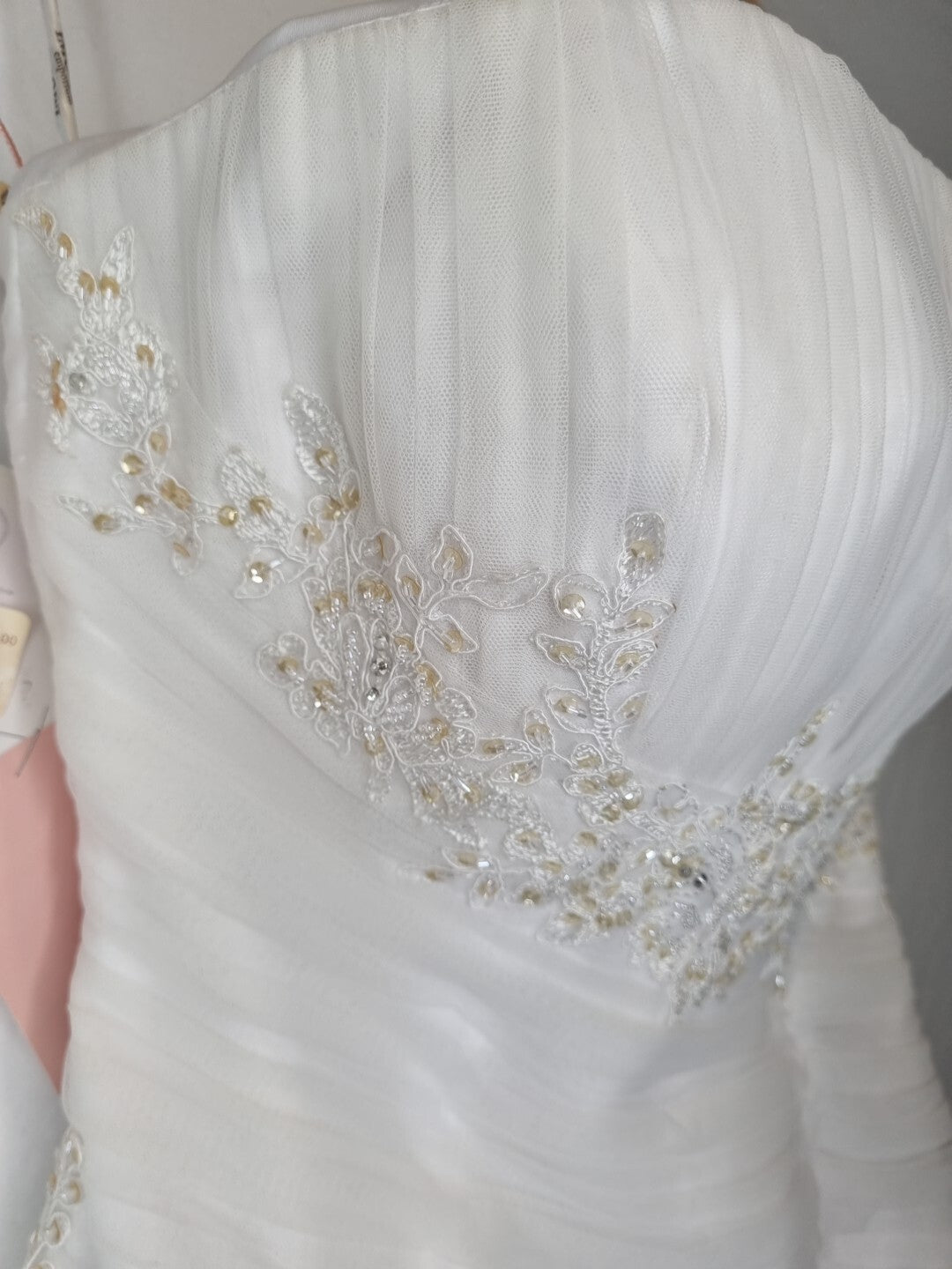 Imoda White Satin Tulle Beaded Applique Ruched Wedding Dress Sz 124