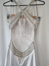 iModa White Backless Satin Beaded Crystal Diamante Slinky Wedding Dress Sz 69