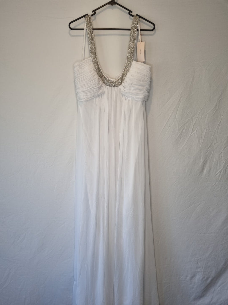 Imoda White Chiffon Ruched Beaded Scoop Neck Empire Wedding Dress Sz 100