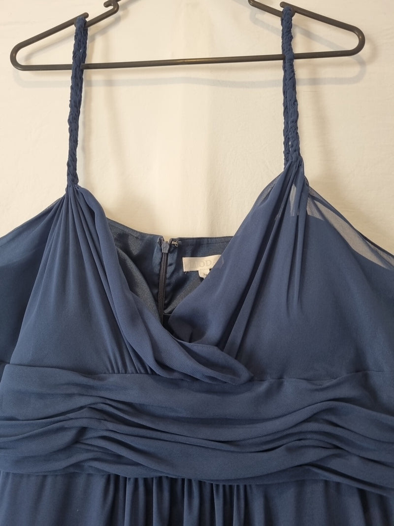 Imoda Navy Blue Chiffon Ruched Braid-strap Evening Bridesmaid Maxi Dress Sz 285