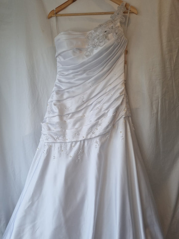 iModa White Satin A-line Beaded Sequin Pleated One Shoulder Wedding Dress Sz 101