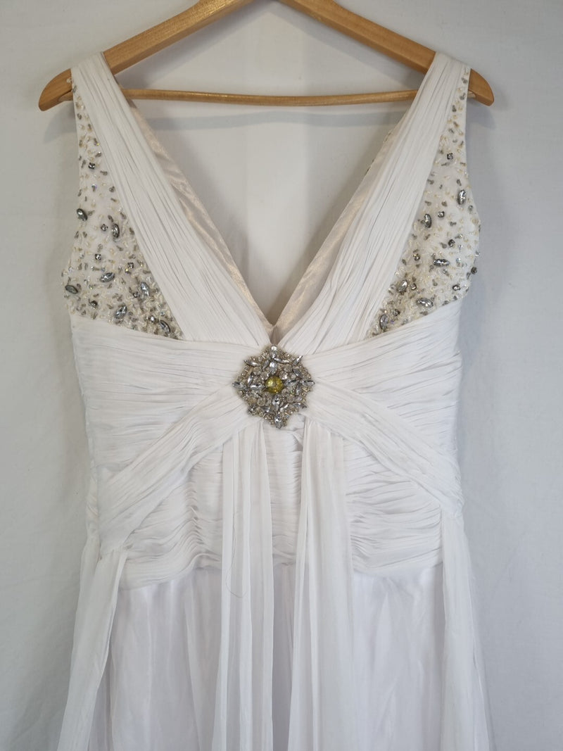 Imoda White Chiffon V neck Beaded Ruched Crystal Fitted Wedding Dress Sz 1211