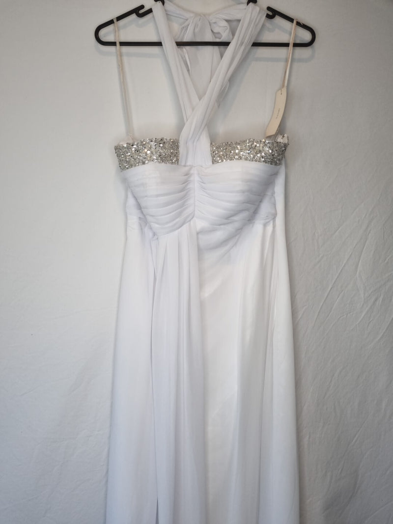 Imoda White Chiffon Ruched Beaded Halter Neck Empire Wedding Dress Sz 101