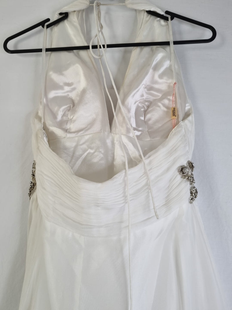 Imoda Ivory Chiffon Halter Neck Ruched Crystal Bead Backless Wedding Dress Sz 611