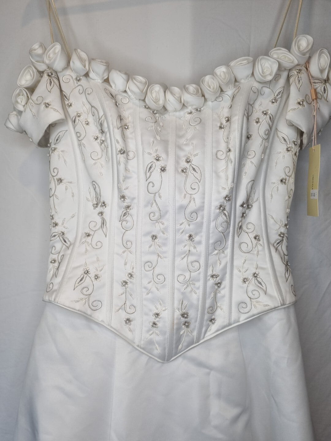 Imoda White Satin Corset Off Shoulder Beaded Roses Train Wedding Dress Sz 123