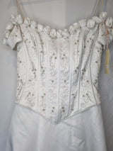 Imoda White Satin Corset Off Shoulder Beaded Roses Train Wedding Dress Sz 123