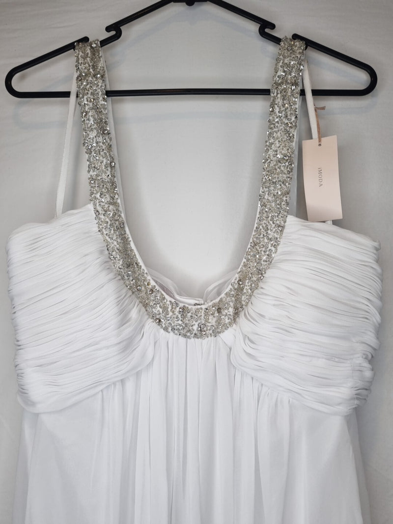 Imoda White Chiffon Ruched Beaded Scoop Neck Empire Wedding Dress Sz 123