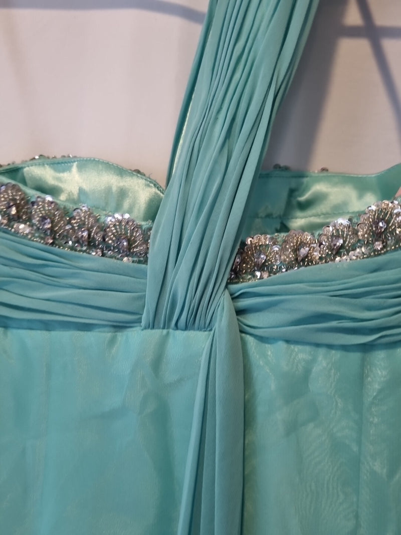Imoda Chiffon Turquoise Ruched Beaded One Shoulder Evening Bridesmaid Dress Sz 810