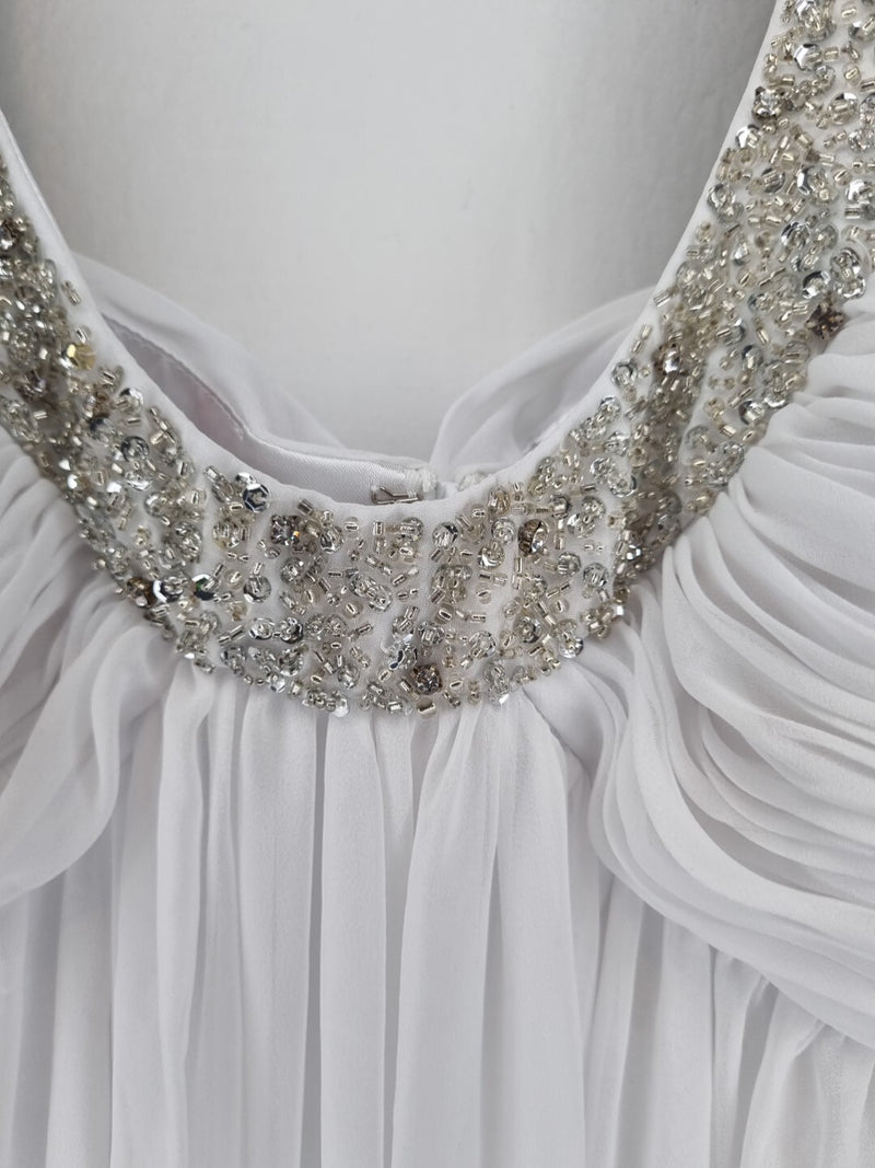 Imoda White Chiffon Ruched Beaded Scoop Neck Empire Wedding Dress Sz 106