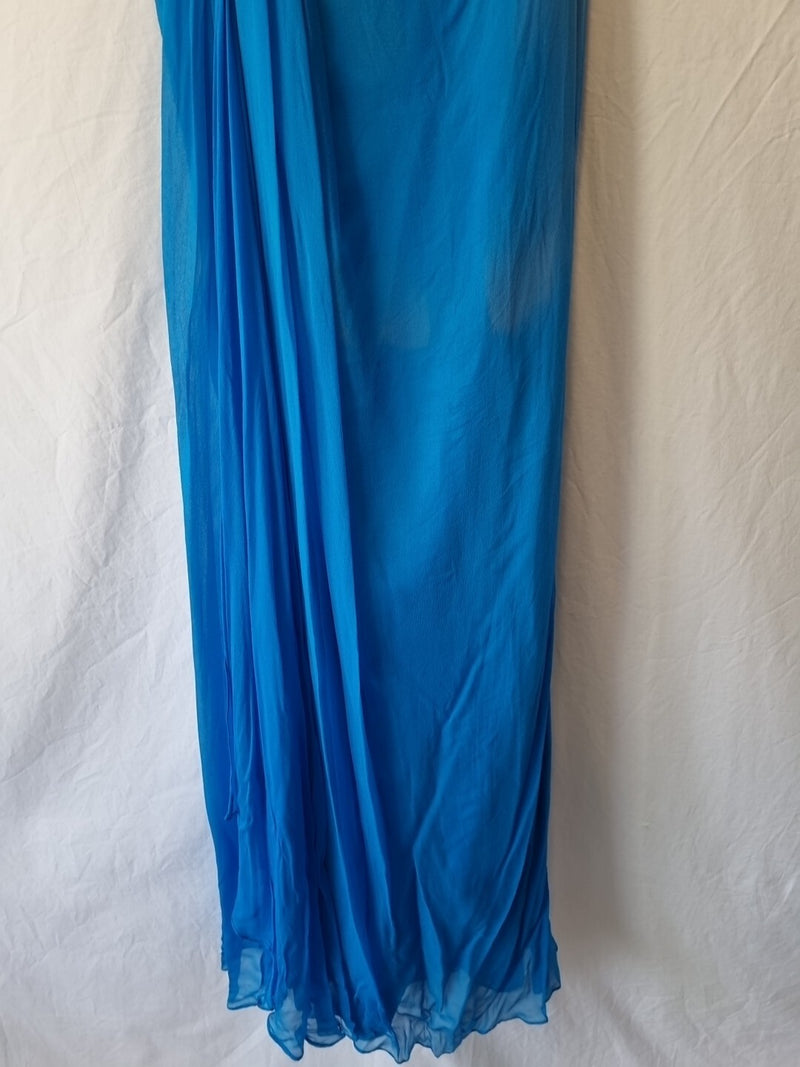 Imoda Chiffon Blue Ruched Beaded One Shoulder Evening Bridesmaid Silk Dress Sz102