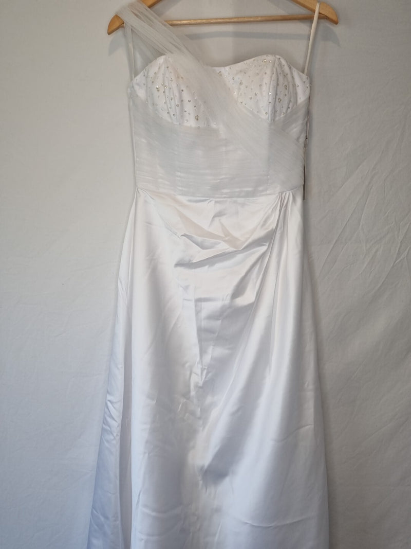 Isabella Faye White Satin Tulle Ruched Beaded One Shoulder Wedding Dress Sz 101