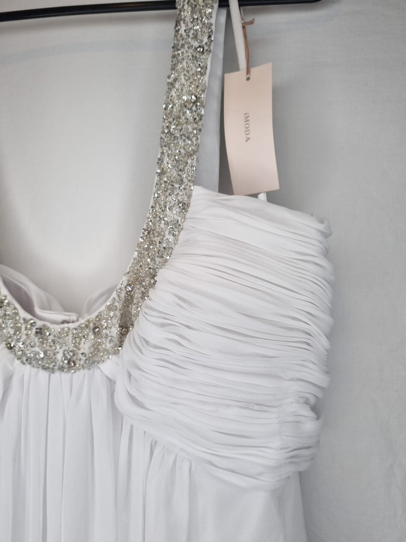 Imoda White Chiffon Ruched Beaded Scoop Neck Empire Wedding Dress Sz 144