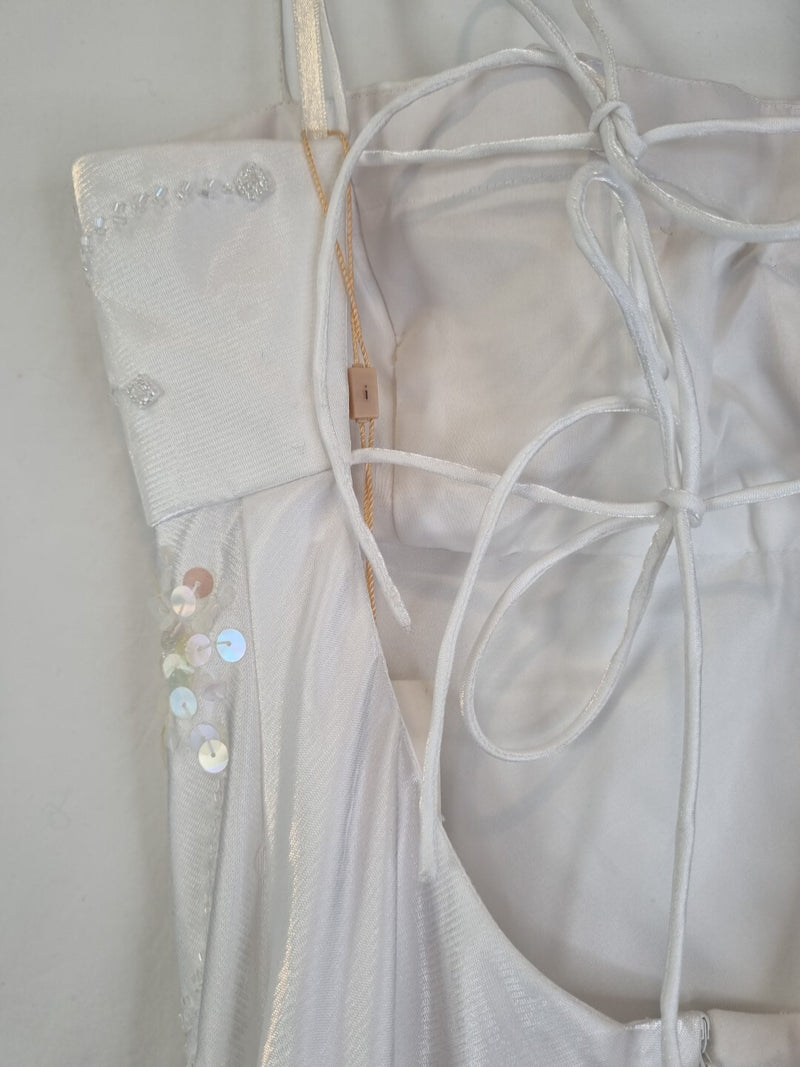 Imoda White Satin Beaded Sequin Backless Wedding Dress Sz 1011