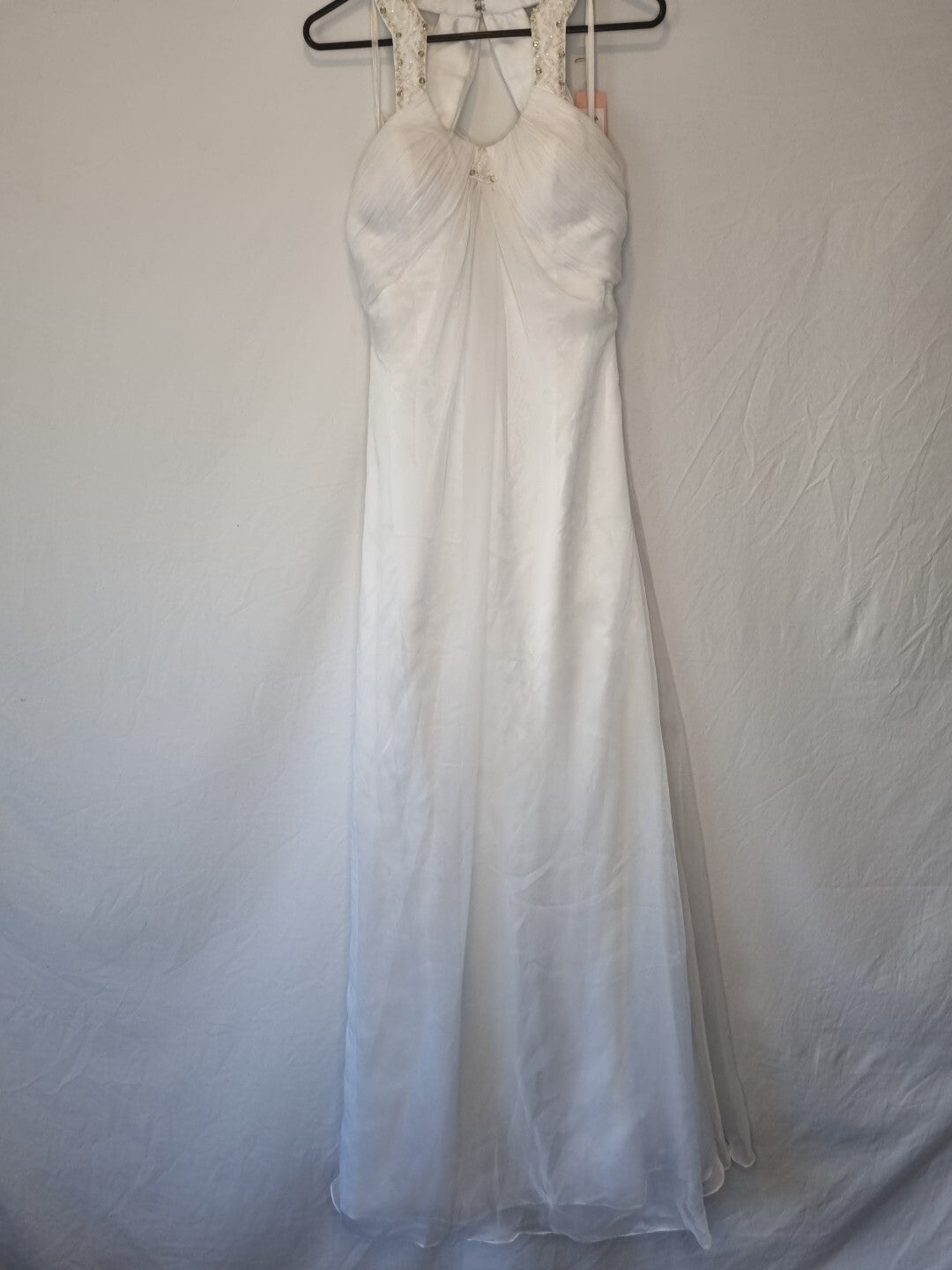 Imoda White Chiffon Ruched Beaded Round Neck High Back Wedding Dress Sz 100