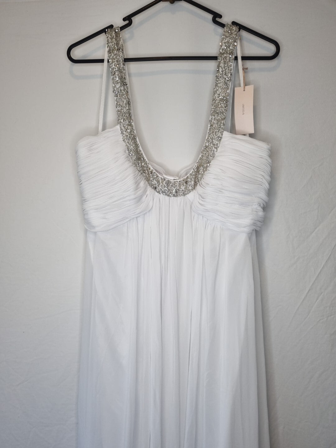 Imoda White Chiffon Ruched Beaded Scoop Neck Empire Wedding Dress Sz 141