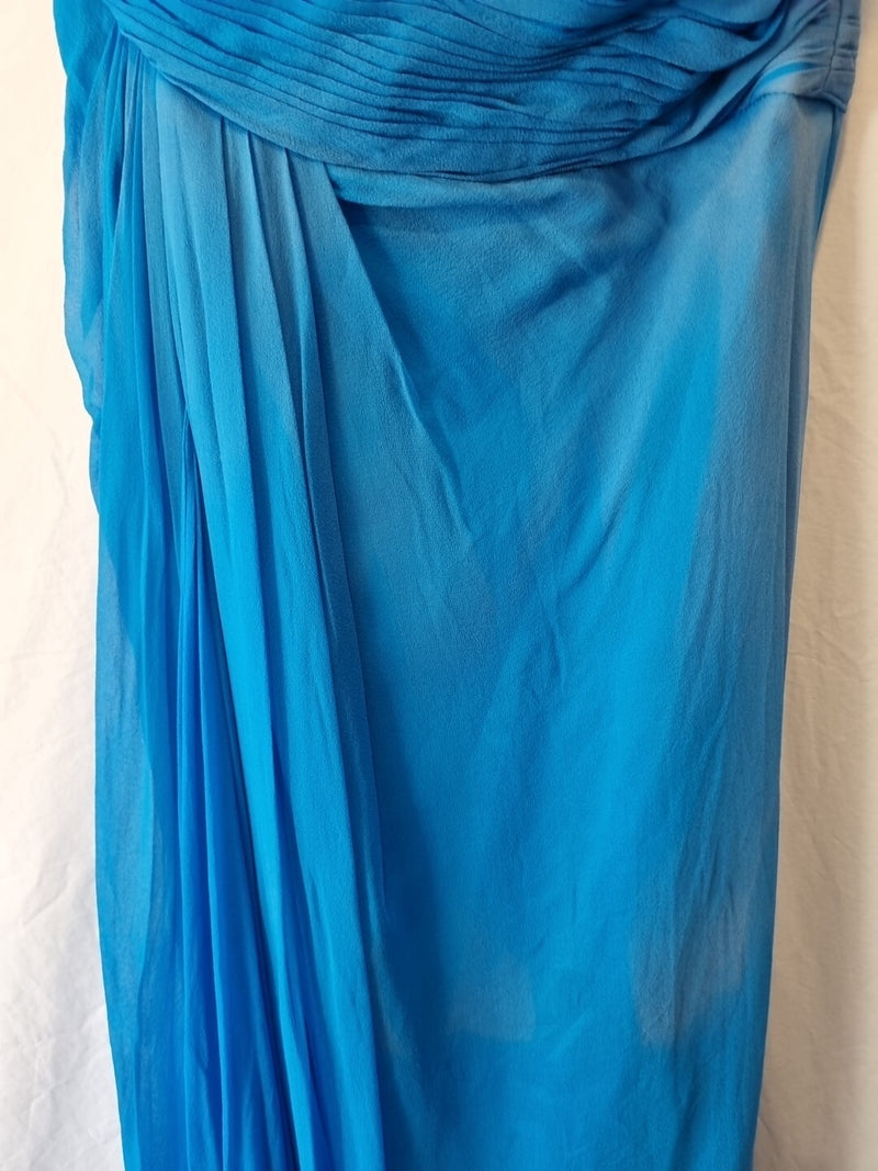 Imoda Chiffon Blue Ruched Beaded One Shoulder Evening Bridesmaid Silk Dress Sz104