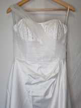 Isabella Faye White Satin Tulle Ruched Beaded One Shoulder Wedding Dress Sz 102