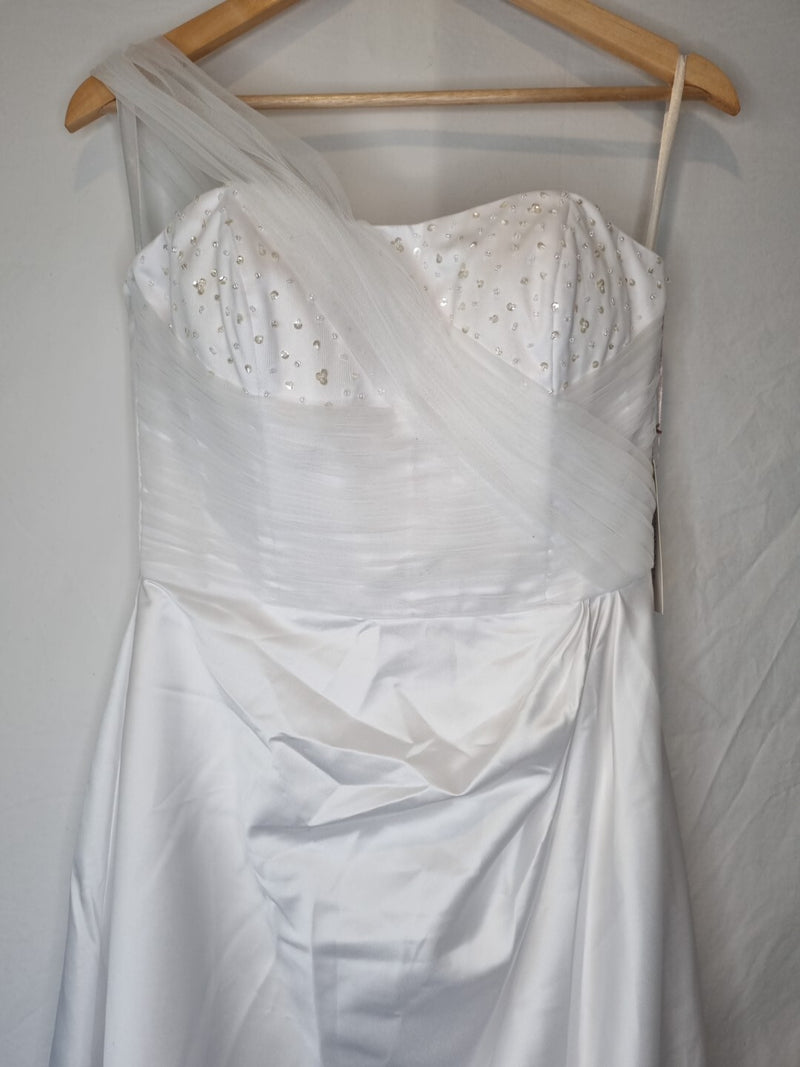 Isabella Faye White Satin Tulle Ruched Beaded One Shoulder Wedding Dress Sz 102