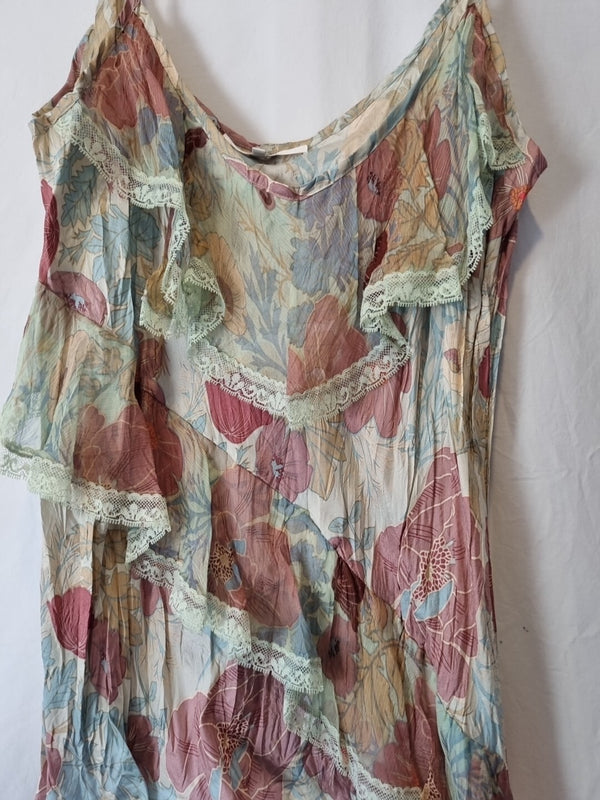 Imoda Pink Blue Beige Floral Ruffle Lace Layered Casual Singlet Silk Top Size M1