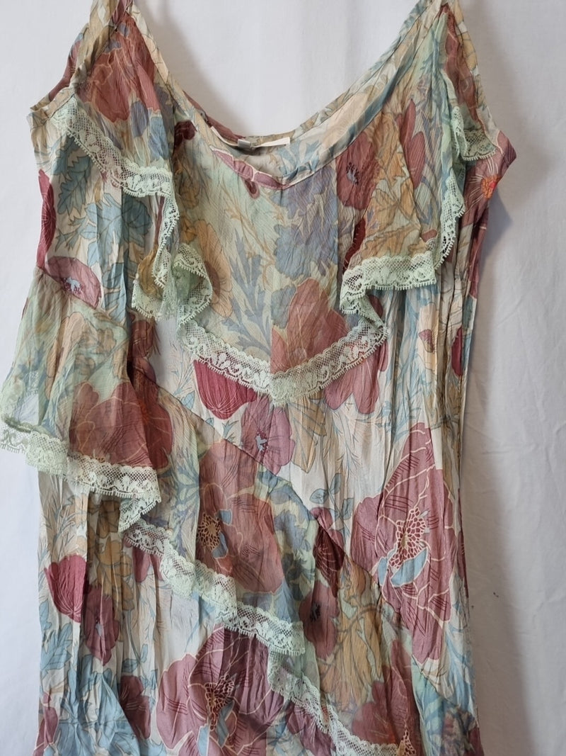 Imoda Pink Blue Beige Floral Ruffle Lace Layered Casual Singlet Silk Top Size M1
