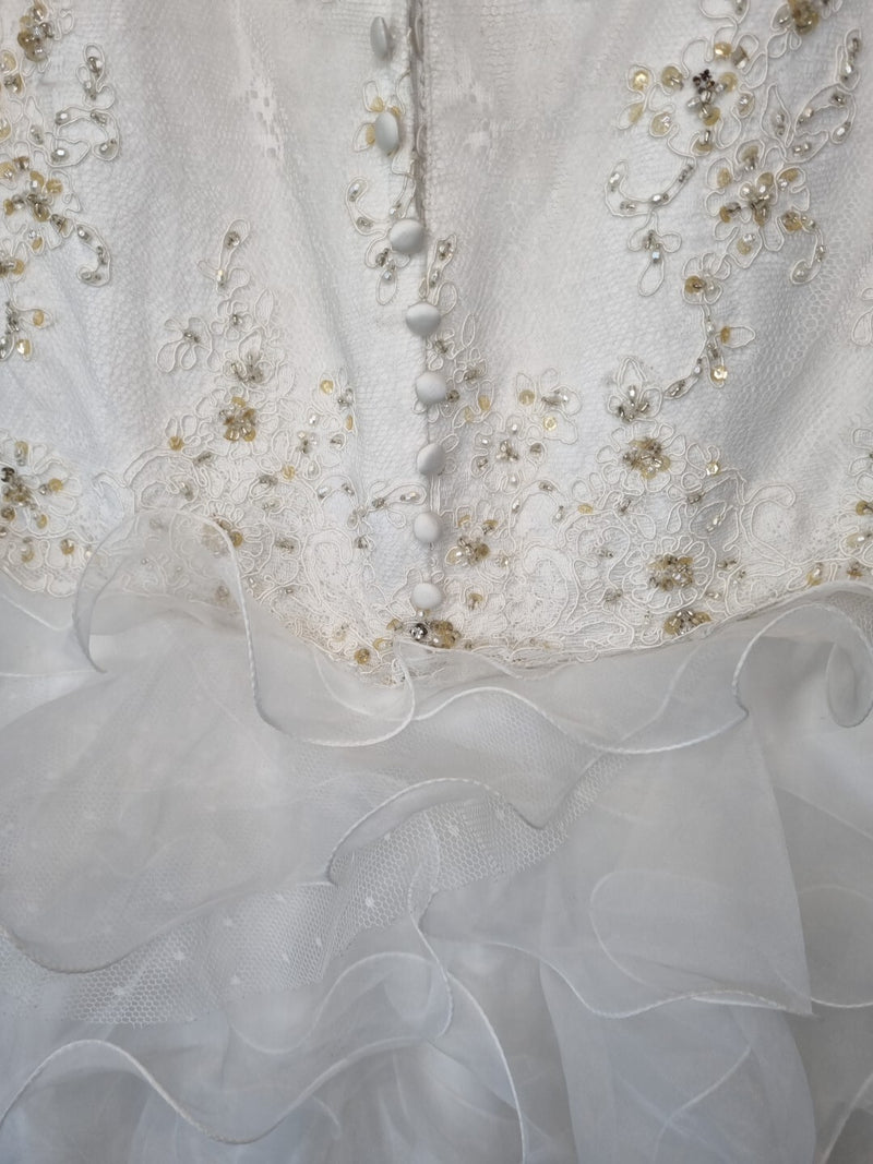 Imoda Ivory Lace Sweetheart Beaded Mermaid Ruffled Train Wedding Dress Sz 1013