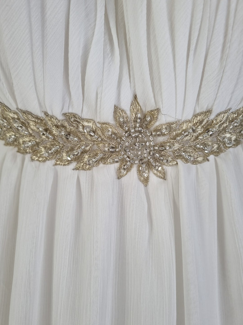 Imoda Ivory Gold Sweetheart Crepe Chiffon Embroidered Beaded Wedding Dress Sz 126