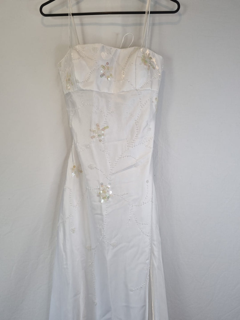 Imoda White Satin Beaded Sequin Backless Wedding Dress Sz 101