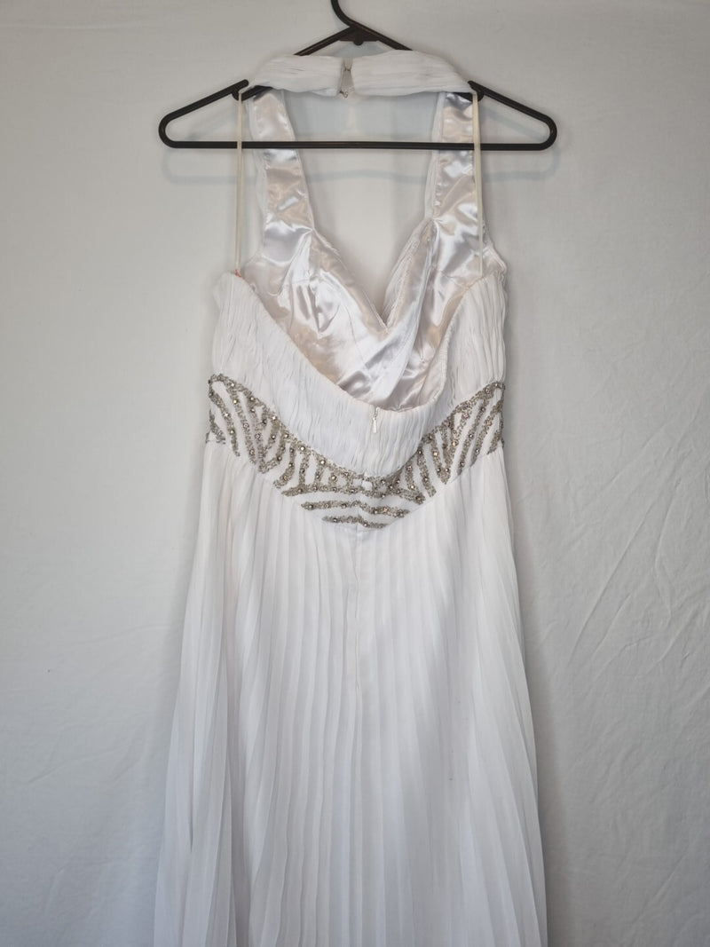 Imoda White Chiffon Ruched Pleated Beaded Grecian Empire Wedding Dress Sz 129