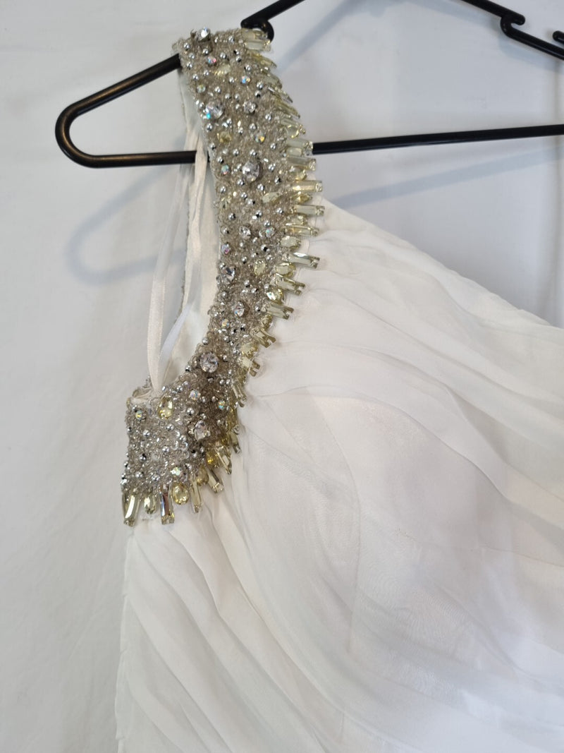 Imoda Ivory Chiffon One Shoulder Ruched Crystal Diamante Bead Wedding Dress Sz 85