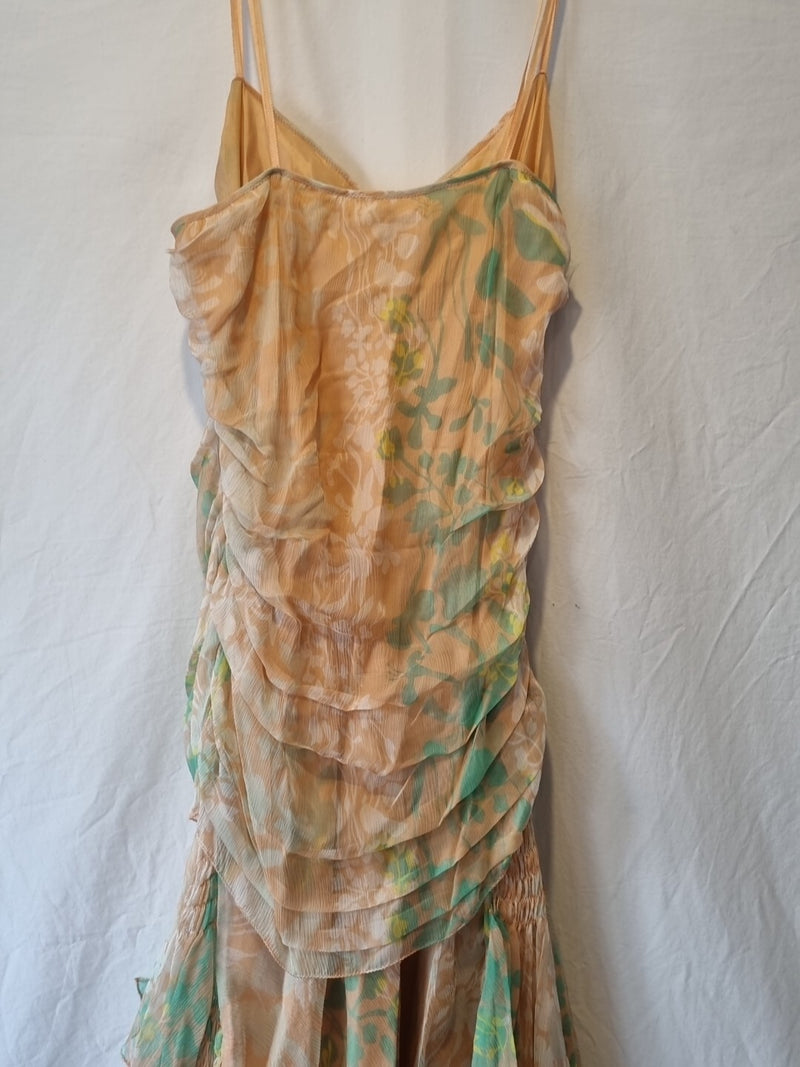 Imoda Chiffon Peach Floral Ruched Layered Casual Silk Dress Size 129