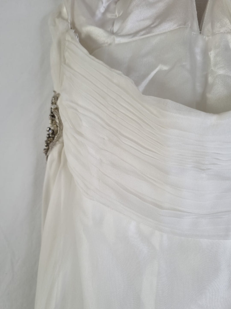 Imoda Ivory Chiffon Halter Neck Ruched Crystal Bead Backless Wedding Dress Sz 615