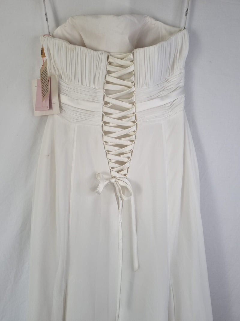 Imoda Ivory Chiffon Ruched Pearl Beaded Train Wedding Dress Sz 109