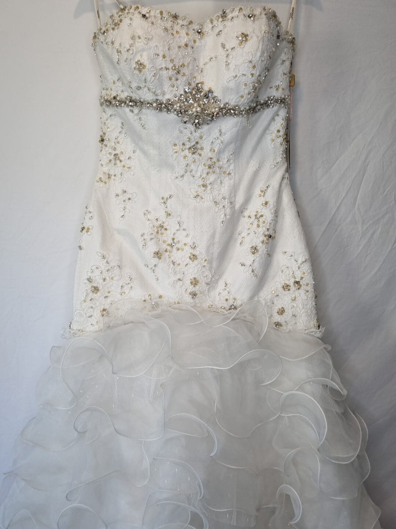 Imoda Ivory Lace Sweetheart Beaded Mermaid Ruffled Train Wedding Dress Sz 101