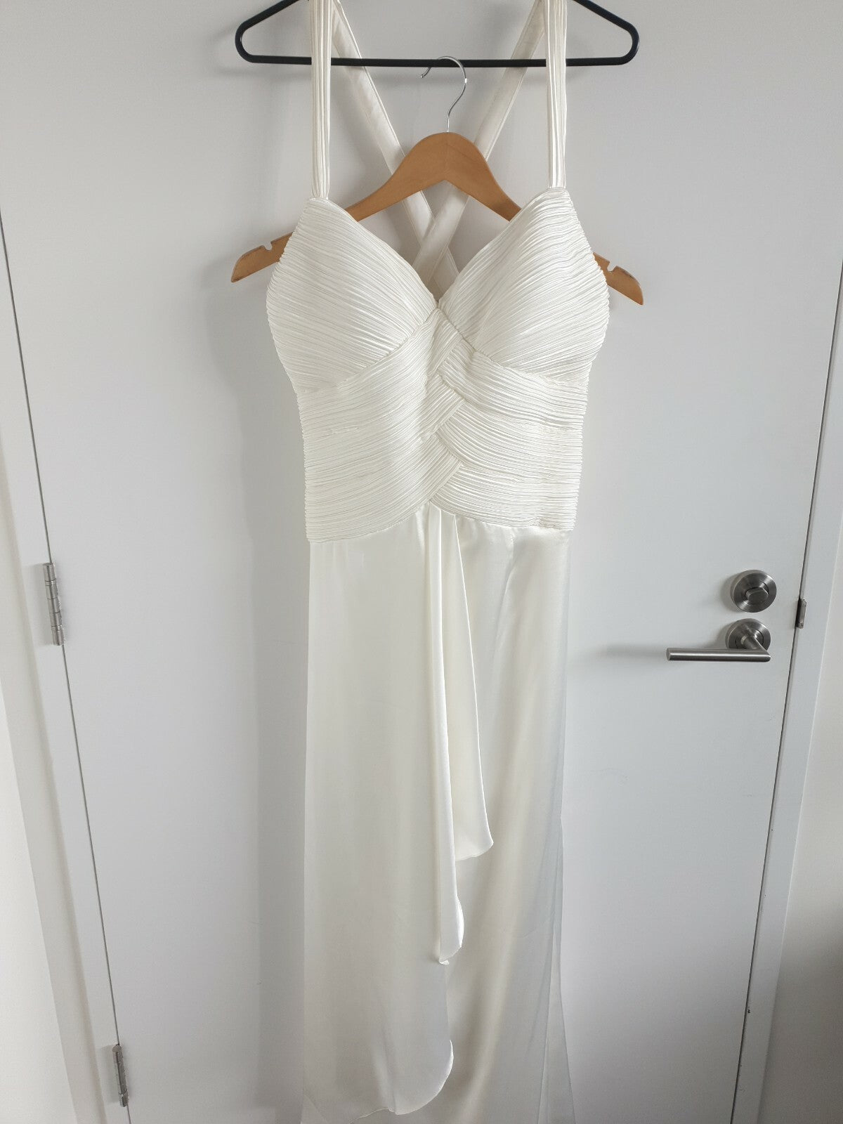 Angeline ivory satin ruched pleated cross back wedding maid honour dress size 121
