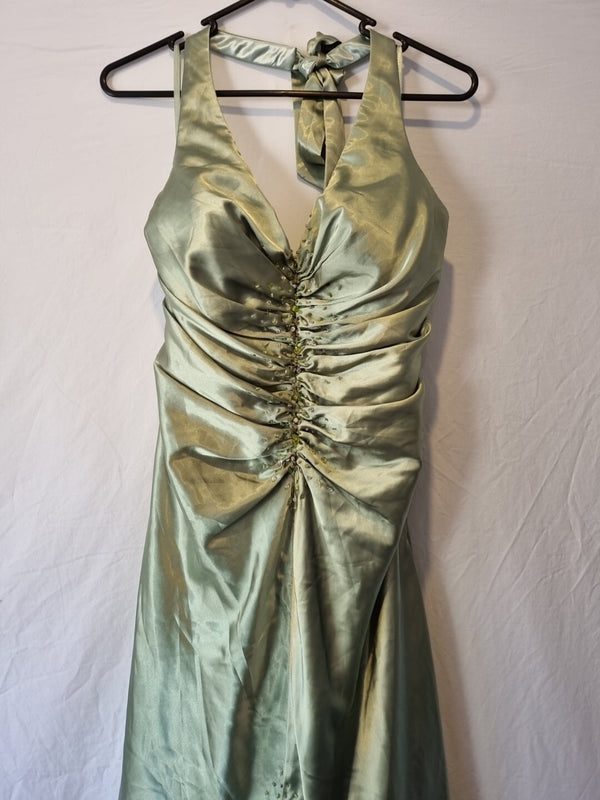 Giovanni Satin Green Ruched Beaded Halter Neck Evening Bridesmaid Dress Sz 101